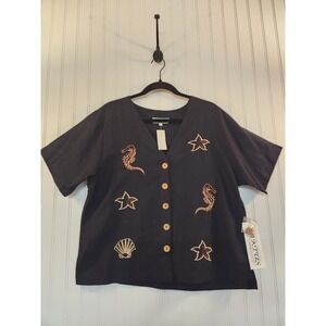 NEW Kaktus Womens Black Linen Blend Embroidered Sea Life Button Front Top Large